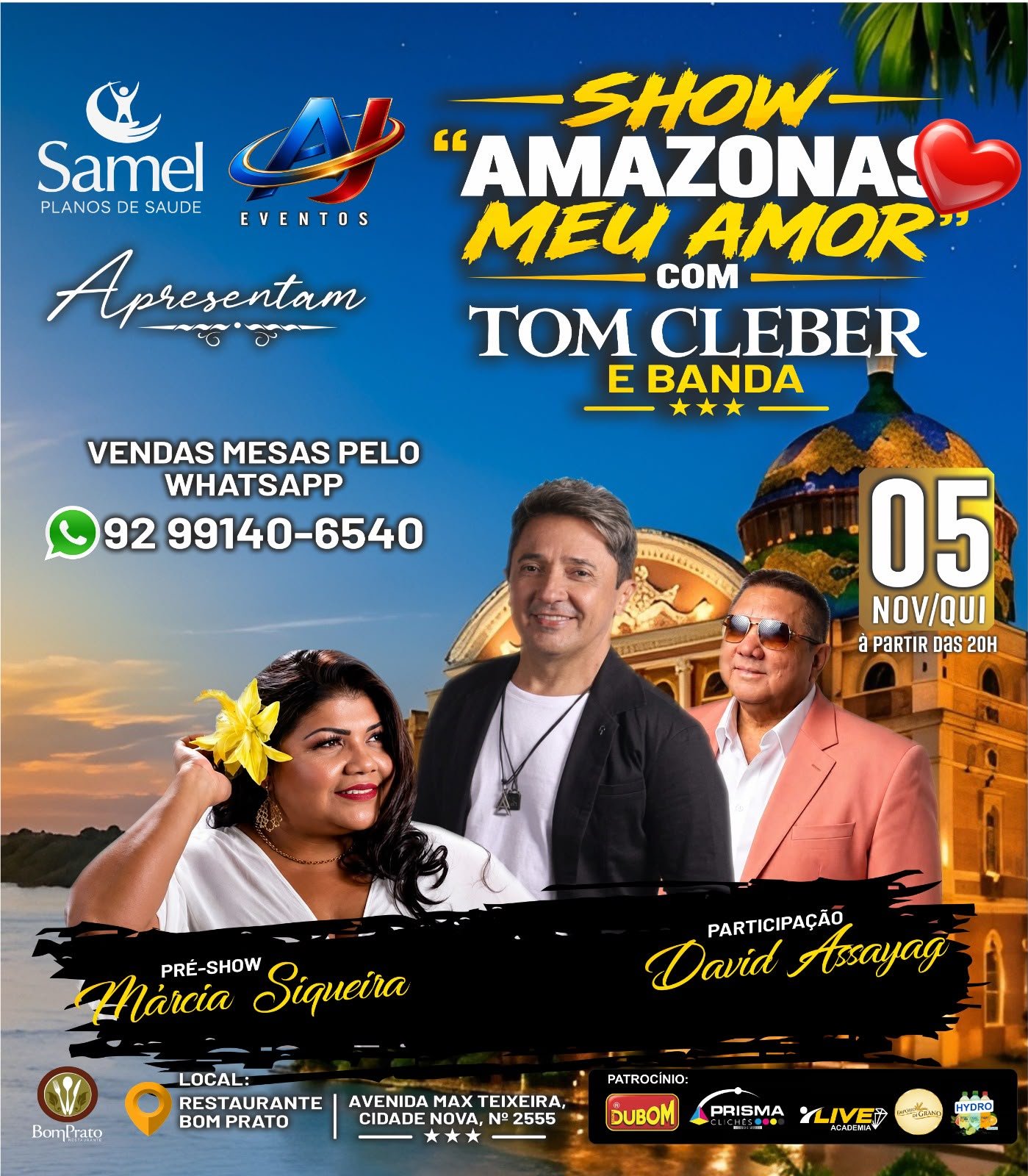 Tom Cleber apresenta “Amazonas, Meu Amor” em noite especial com Márcia Siqueira e David Assayag