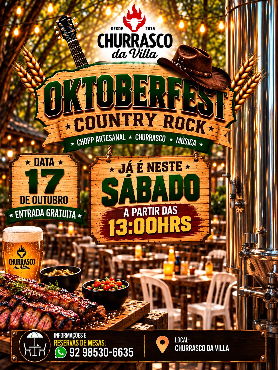 Churrasco da Villa lança Oktoberfest Country Rock com entrada gratuita e programação de churrasco, cervejas artesanais e música em Manaus